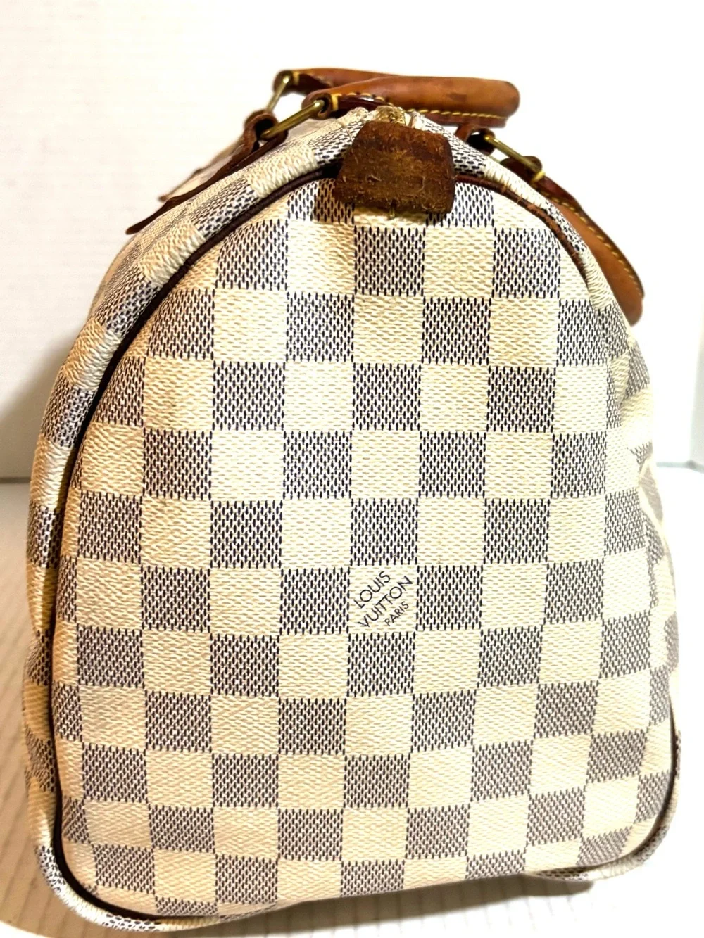 Louis Vuitton Damier Azur Canvas Speedy Bag - Cream & Brown Leather